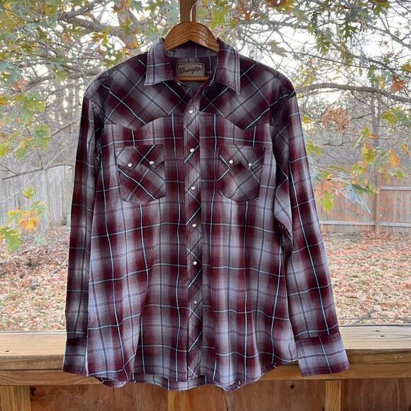 Wrangler Men's Western Snap Front Long Sleeve Shirt Maroon Plaid Size XL - Picture 1 of 6